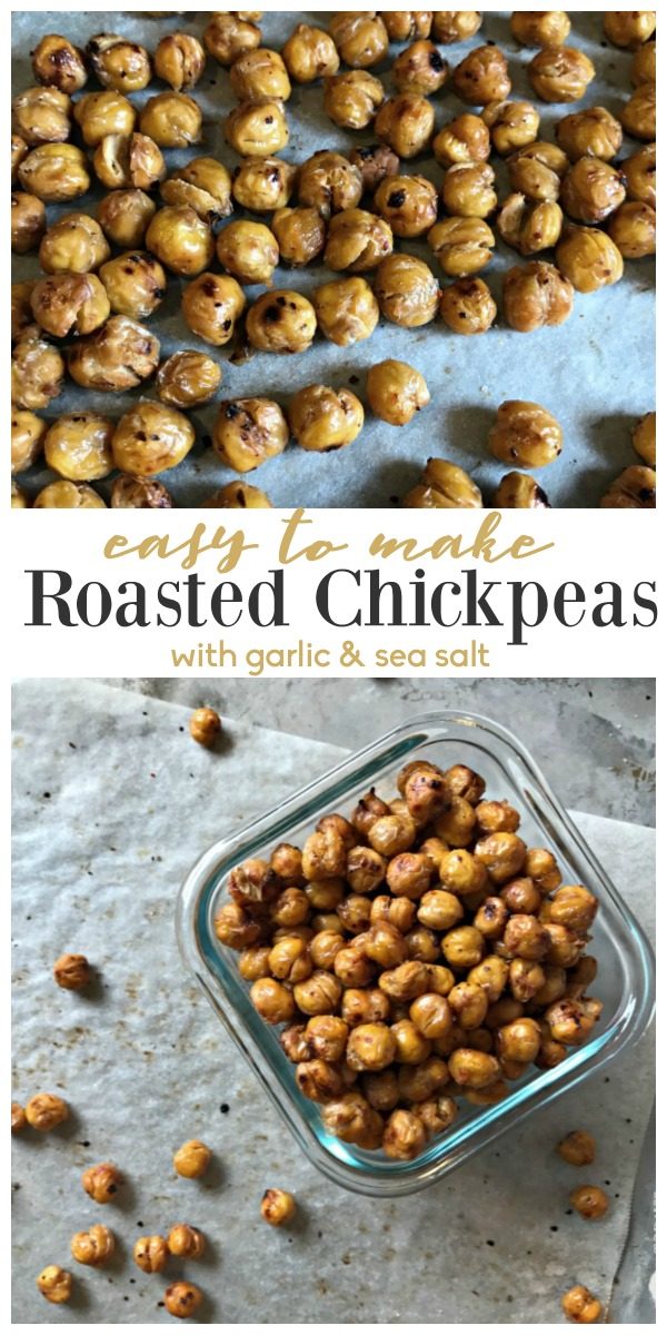Roasted Chickpeas Recipe - chickpeas roasting on a cookie sheet and then stored in a glass container