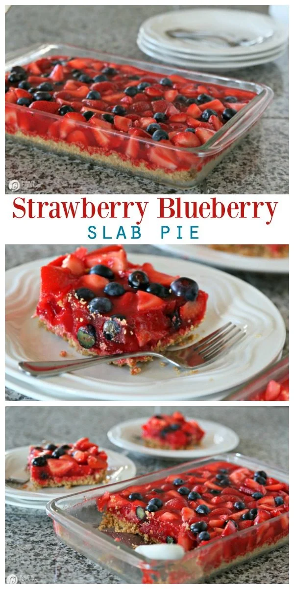 Slab Strawberry Pie Recipe photo collage. Jello Pie made in a glass casserole dish and served on a white plate.