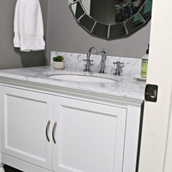 Powder Room Vanities and Ideas | Small Powder room Bathroom makeover. Vanity ideas for a small bathroom. Affordable Carrara Marble top bathroom vanity | See more on Today's CreativeLife.com