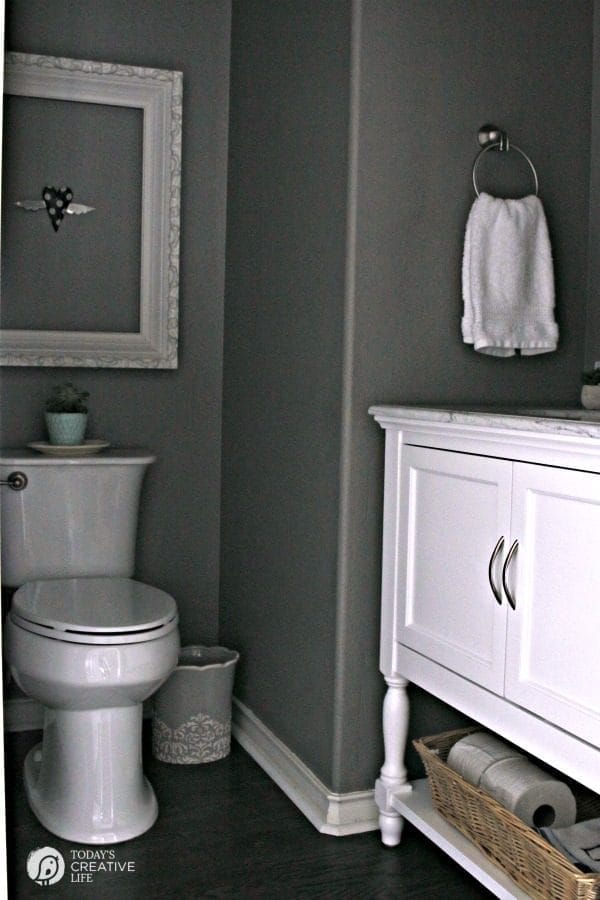 Powder Room Vanities and Ideas | Small Powder room Bathroom makeover. Vanity ideas for a small bathroom. Affordable Carrara Marble top bathroom vanity | See more on Today's CreativeLife.com 