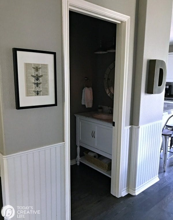 Powder Room Vanities and Ideas | Small Powder room Bathroom makeover. Vanity ideas for a small bathroom. Affordable Carrara Marble top bathroom vanity | See more on Today's CreativeLife.com