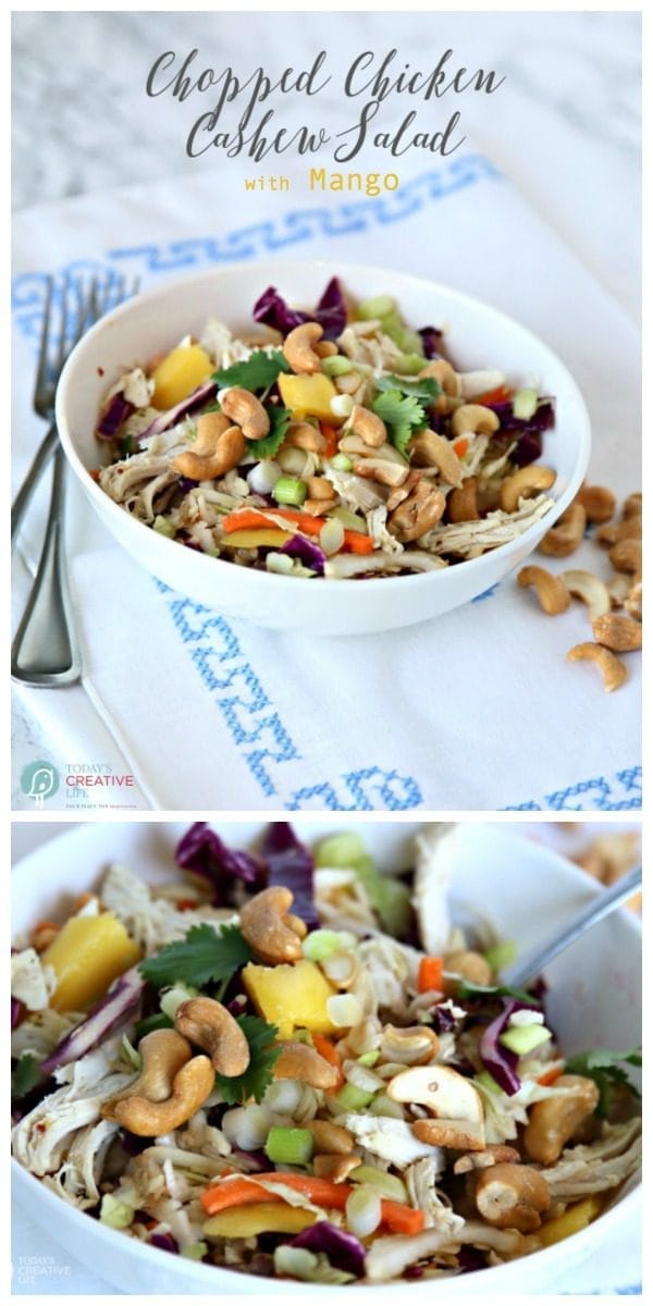 photo collage of a chicken cabbage and mango salad with cashews on top.