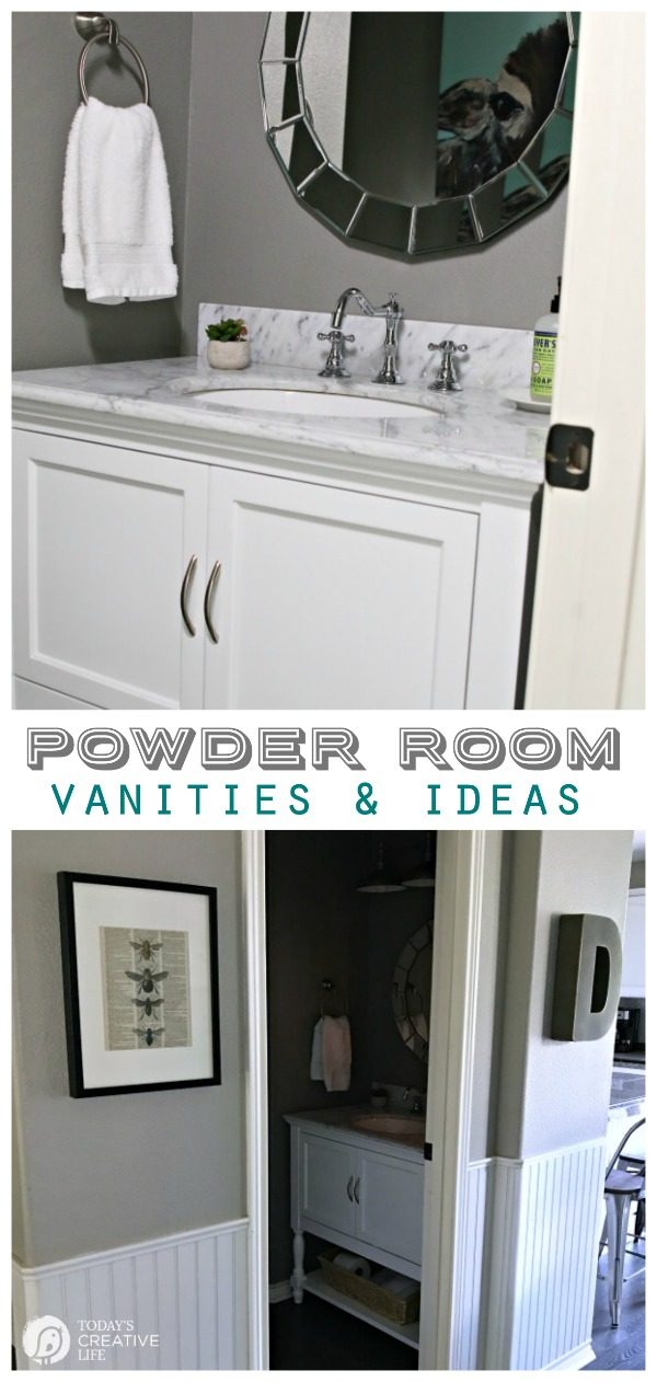 Powder Room Vanities and ideas | Choosing a Bathroom Vanity | Update, makeover, remodel your powder room or bathroom. Paint, bathroom lighting, bathroom mirrors. See more on TodaysCreativeLife.com