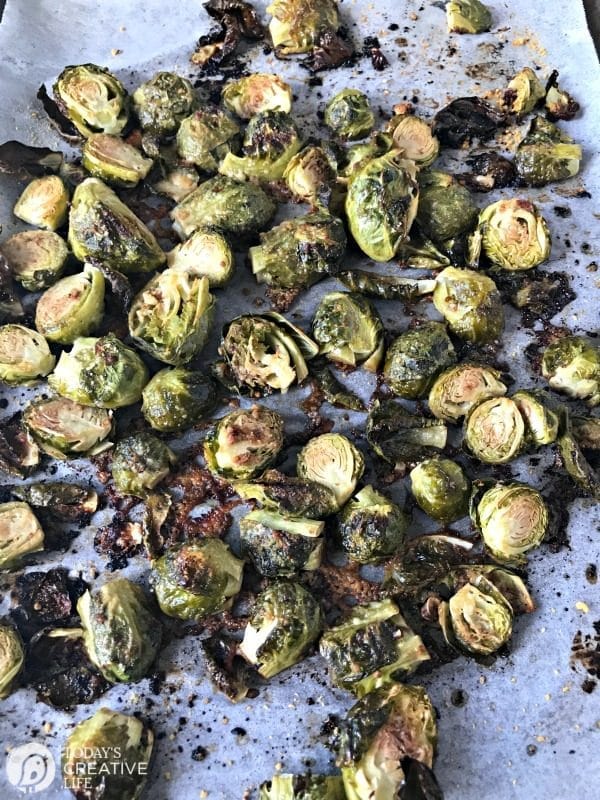 Roasted Brussel Sprouts with Parmesan and Balsamic Recipe | topped with a balsamic glaze gives this recipe that delicious taste. Great for holiday or every day side dish. Click the photo for the recipe. TodaysCreativeLife.com 