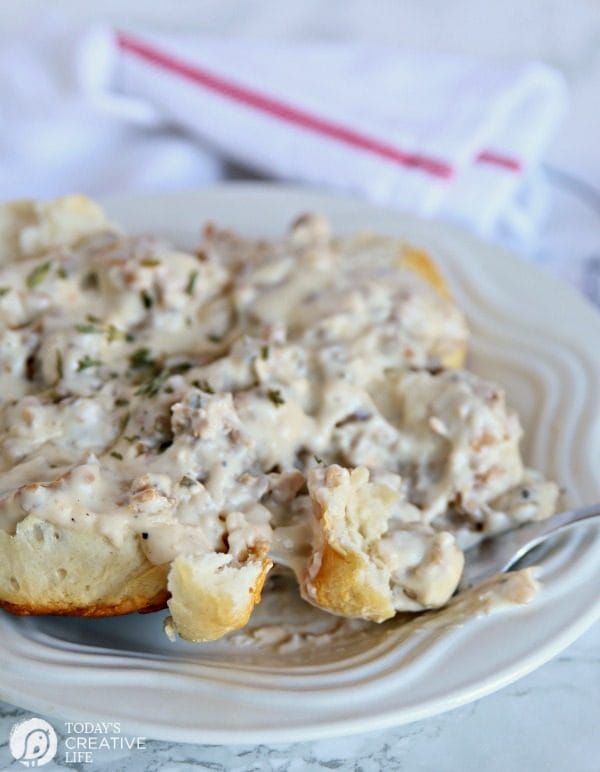 country style sausage gravy over homemade biscuits