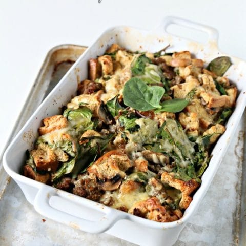 Breakfast Strata Recipe with Rye bread, sausage, spinach and eggs. Easy Breakfast Ideas. Overnight breakfast ideas. TodaysCreativeLife.com