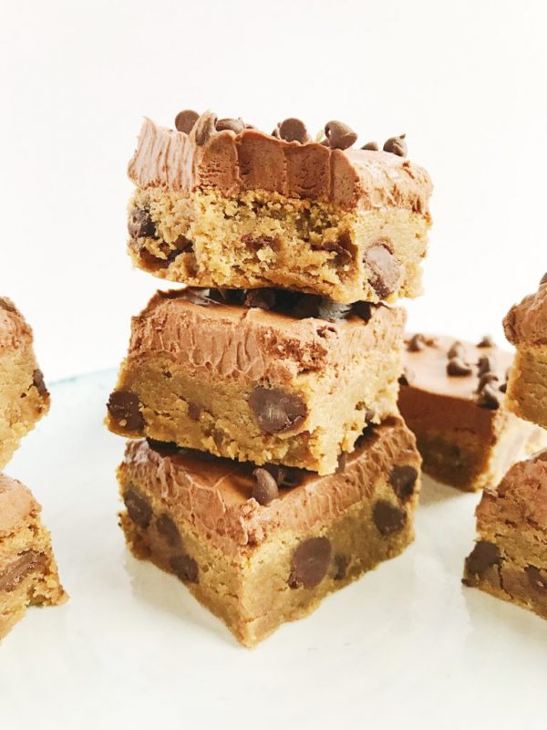Stacked Peanut Butter Brownies with Fudge Frosting and chocolate chips. 