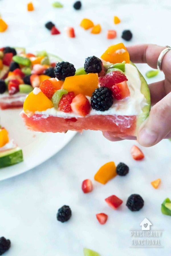 Watermelon Pizza Dessert Recipe topped with yogurt and fruit toppings. Summer desserts make every BBQ better, especially when it's a fruit pizza! Celebrate Summer Series Practically Functional for TodaysCreativeLife.com