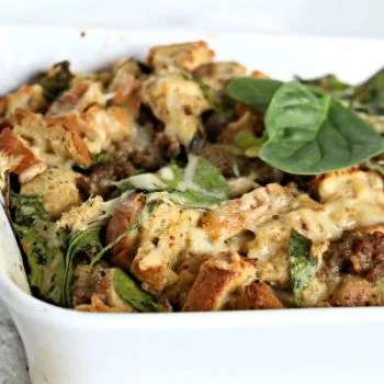 Breakfast Strata Recipe with Rye bread, sausage, spinach and eggs