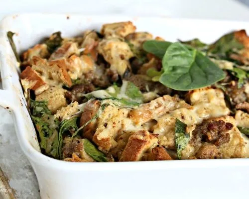 Breakfast Strata Recipe with Rye bread, sausage, spinach and eggs