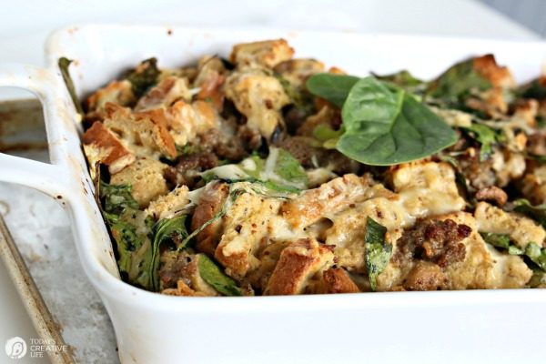 baked breakfast strata with rye bread and sausage