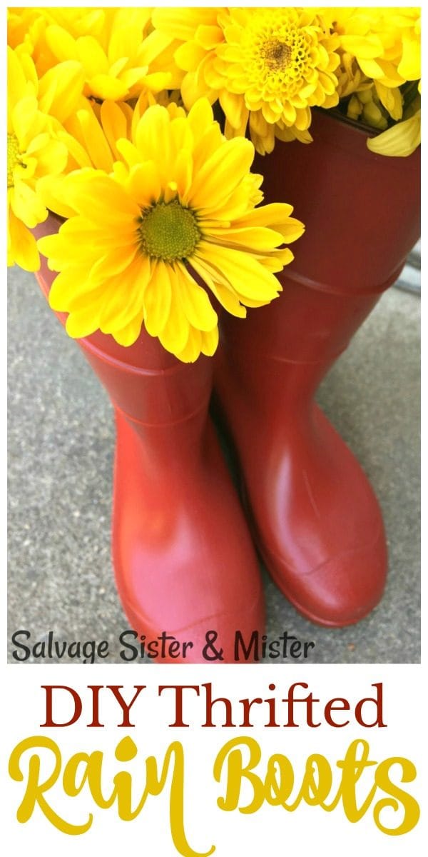 DIY Thrifted Rain Boots Porch Decor | how to paint rubber boots | repurposed rain boots | Hunter boot look alike | Salvage Sister and Mister for TodaysCreativeLife.com