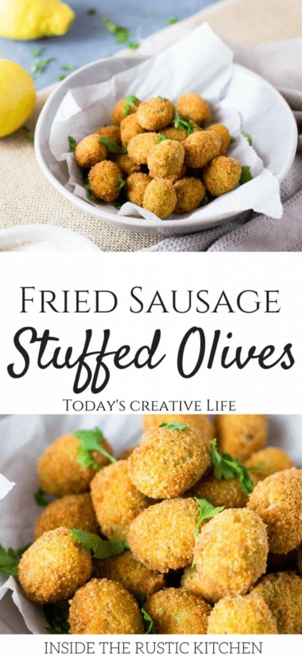 Fried Sausage Stuffed Olives | Finger Foods | Appetizer Recipes | Party Appetizer | Authentic Italian Recipes from The Rustic Kitchen for TodaysCreativeLife.com