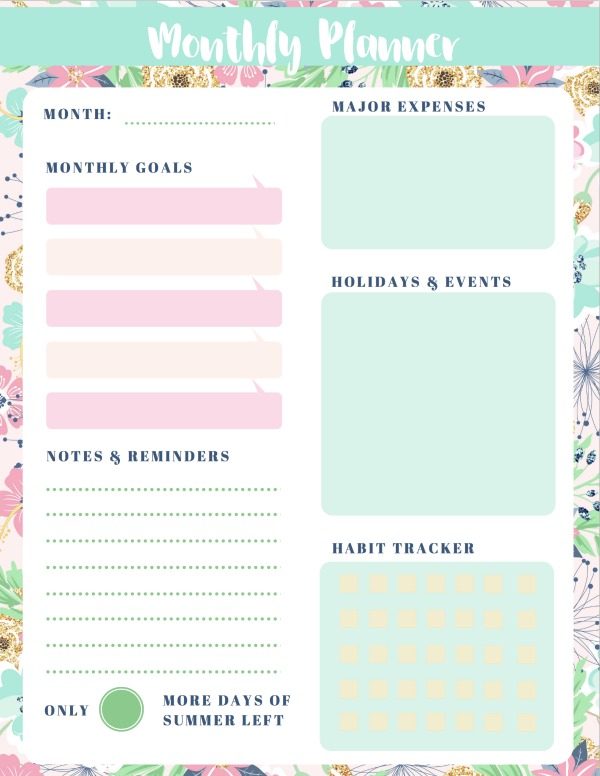 Monthly Planner Printable Summer Theme | This free and stylish floral design will help keep you organized. Download and print as many as you need. TodaysCreativelife.com