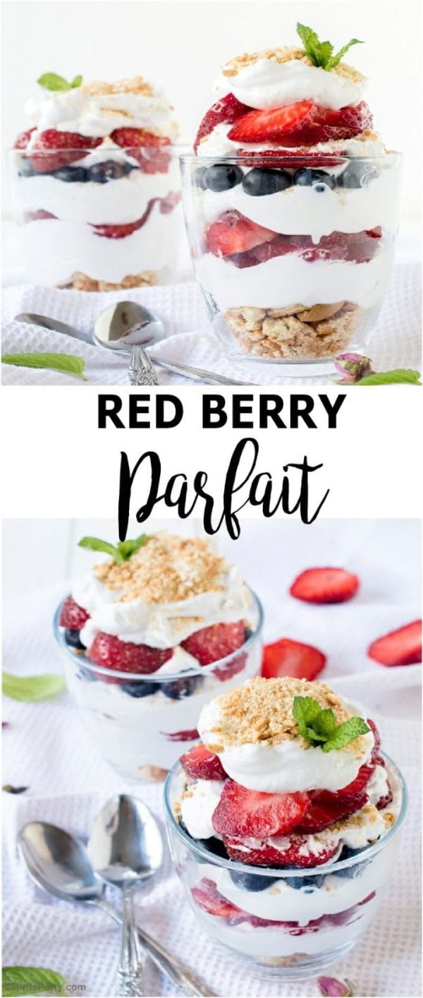 titled photo collage showing 4th of July desserts - red berry parfaits