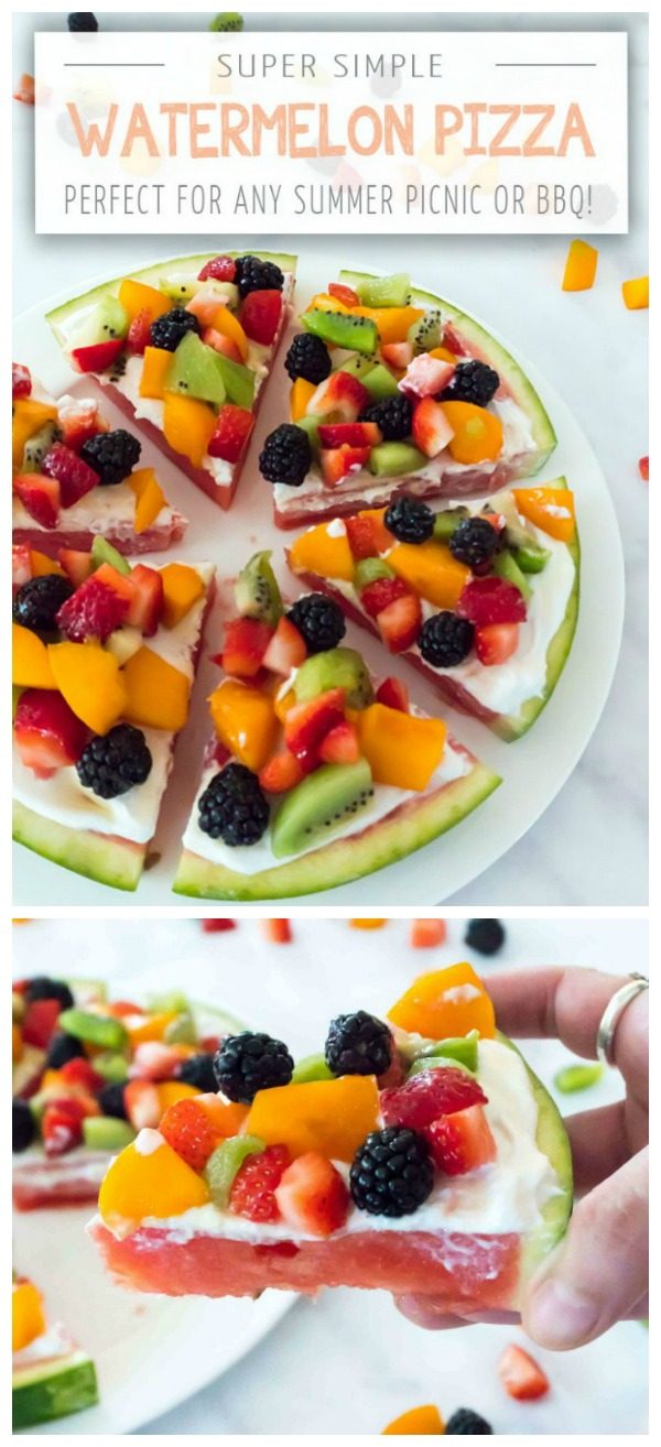 Watermelon Pizza Dessert Recipe topped with yogurt and fruit toppings. Summer desserts make every BBQ better, especially when it's a fruit pizza! Celebrate Summer Series Practically Functional for TodaysCreativeLife.com