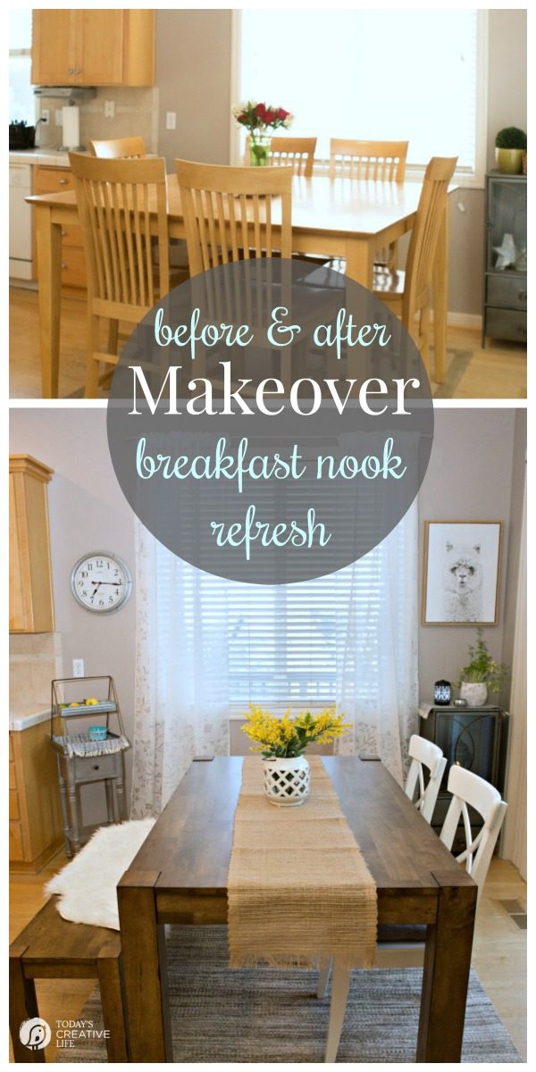 Breakfast Nook Makeover | Kitchen nook ideas for simple and stylish decorating on a budget. Farmhouse style from Better Homes and Gardens. Before and After makeover ideas on a budget | Sponsored | See more on TodaysCreativeLife.com