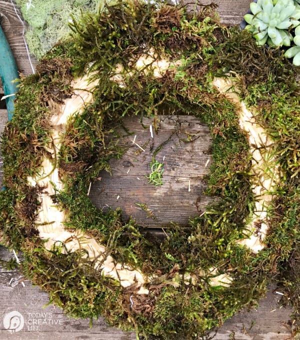 Filling in moss on a straw wreath