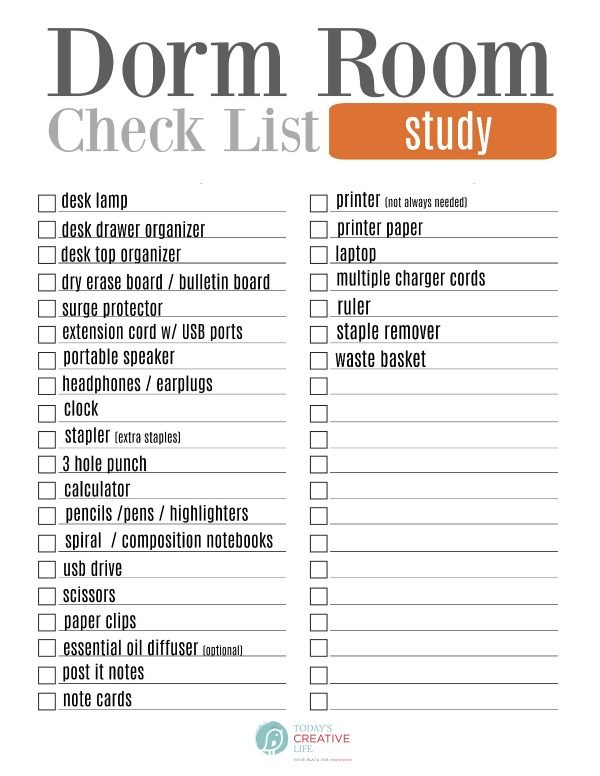 College Packing List Dorm check list. TodaysCreativeLife.com