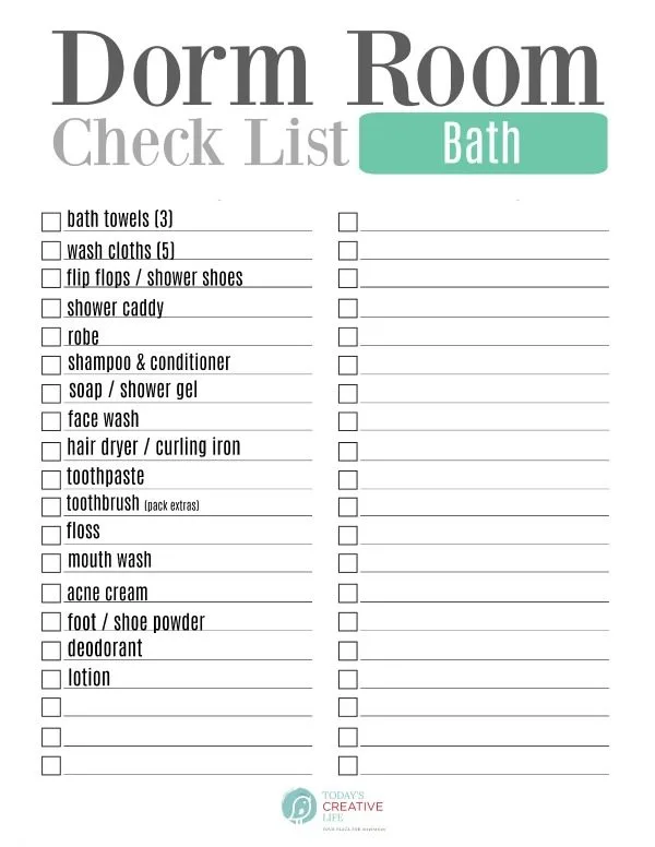 College Packing List | Dorm room list for Bath essentials | TodaysCreativeLife.com