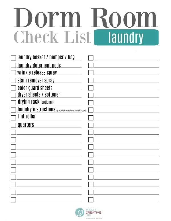 College Packing List for Laundry Essentials | Visiting TodaysCreativeLife.com for your free printable download.