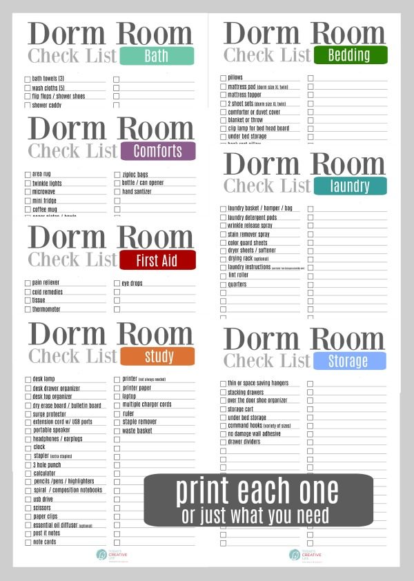 College Packing List | Free printable dorm room check list | Print all 7 or just what you need. TodaysCreativeLife.com