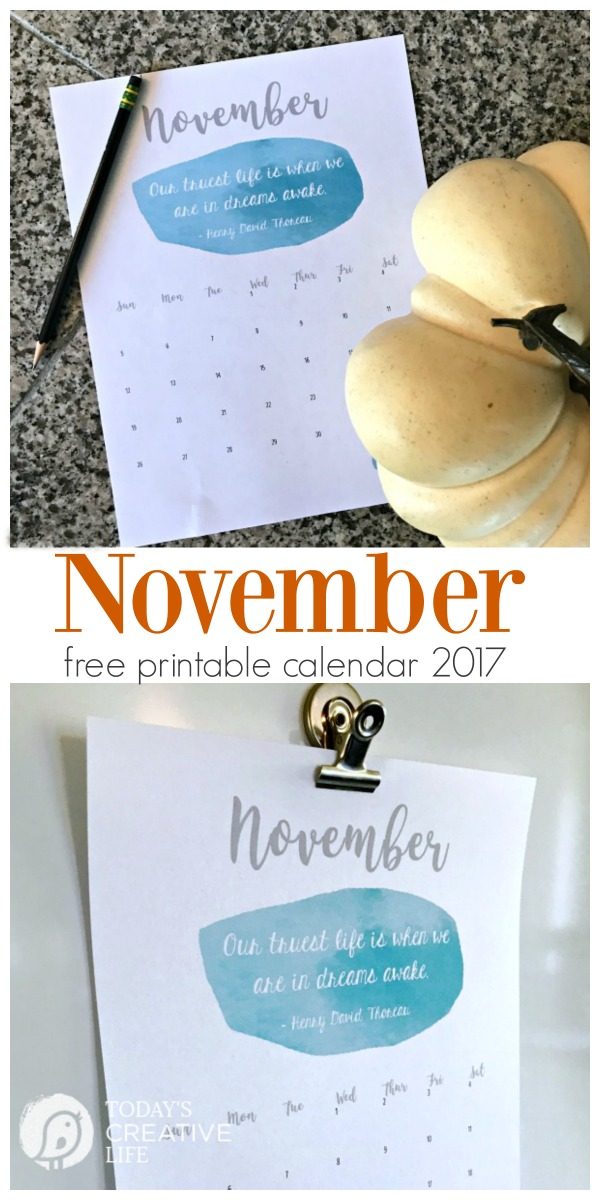 November 2017 Free Printable Calendar | Free download month to month calendar | Watercolor inspirational | Get it at TodaysCreativeLife.com