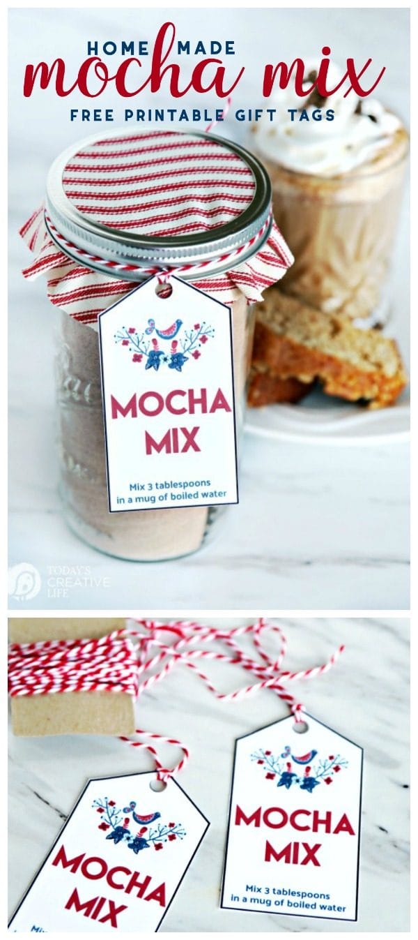 Homemade Mocha Mix Recipe in a jar with a fabric top and gift tag for homemade holiday gifts. 