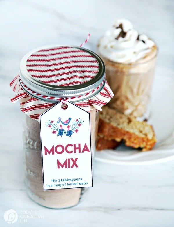 Jar of homemade mocha mix recipe with a printable tag.