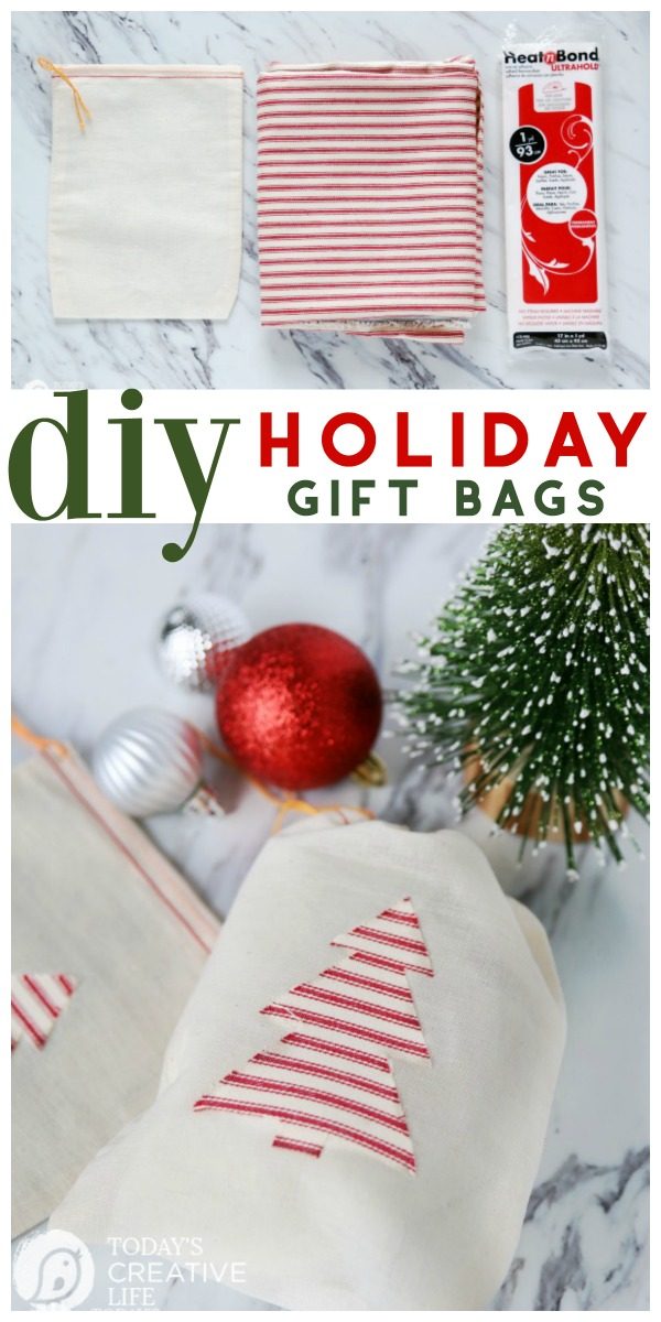 Heat N Bond Holiday Gift Bags | Cotton draw string bags with iron-on Christmas Tree | DIY Christmas Craft | Gift Wrapping Idea | TodaysCreativeLife.com