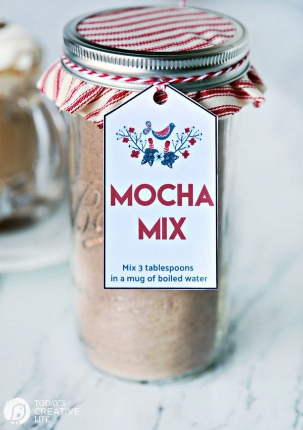 A jar of Homemade Mocha Mix with free printable gift tag 