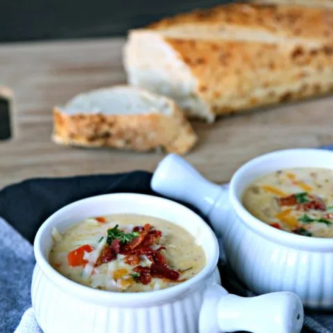 Cheesy German Potato Soup | Cheddar & Gruyere Cheese along with READ German Potato Salad makes the best homemade potato soup! Easy dinner ideas on TodaysCreativeLife.com #ad