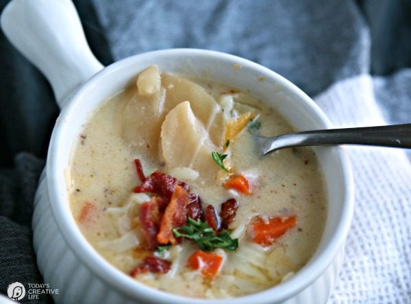 Cheesy German Potato Soup | Cheddar & Gruyere Cheese along with READ German Potato Salad makes the best homemade potato soup! Easy dinner ideas on TodaysCreativeLife.com #ad