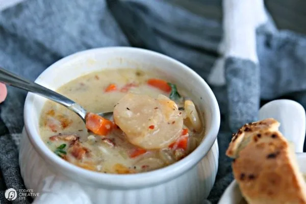 Cheesy German Potato Soup | Cheddar & Gruyere Cheese along with READ German Potato Salad makes the best homemade potato soup! Easy dinner ideas on TodaysCreativeLife.com #ad