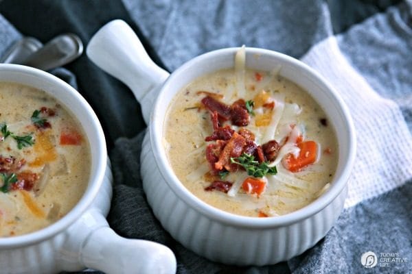 Cheesy German Potato Soup | Cheddar & Gruyere Cheese along with READ German Potato Salad makes the best homemade potato soup! Easy dinner ideas on TodaysCreativeLife.com #ad