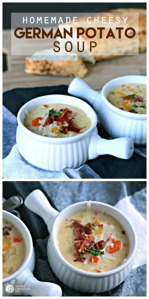 Cheesy German Potato Soup | Cheddar & Gruyere Cheese along with READ German Potato Salad makes the best homemade potato soup! Easy dinner ideas on TodaysCreativeLife.com #ad