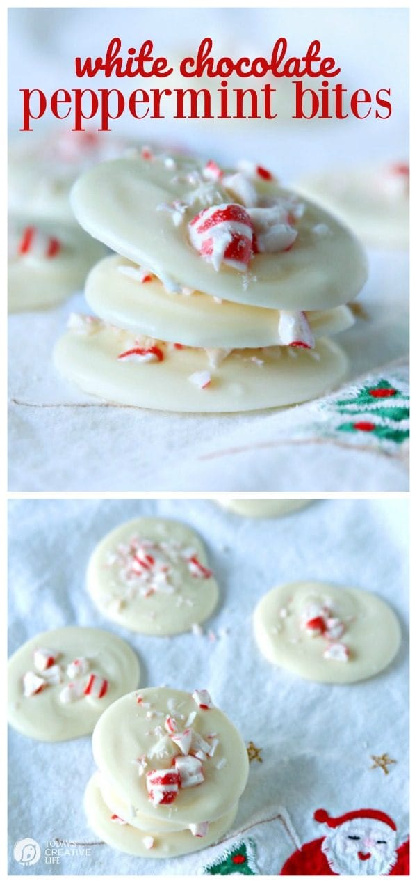 photo collage of white chocolate candies with peppermint candies on top. 