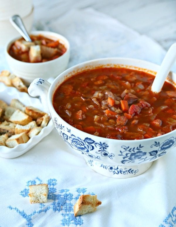 Red Cabbage Kielbasa White Bean Soup | Hearty Soup Recipes for easy dinner ideas. Simple vegetable soup with kielbasa sausage | Click for the recipe on TodaysCreativeLife.com AD #AuntNelliesSweetSourCabbage 