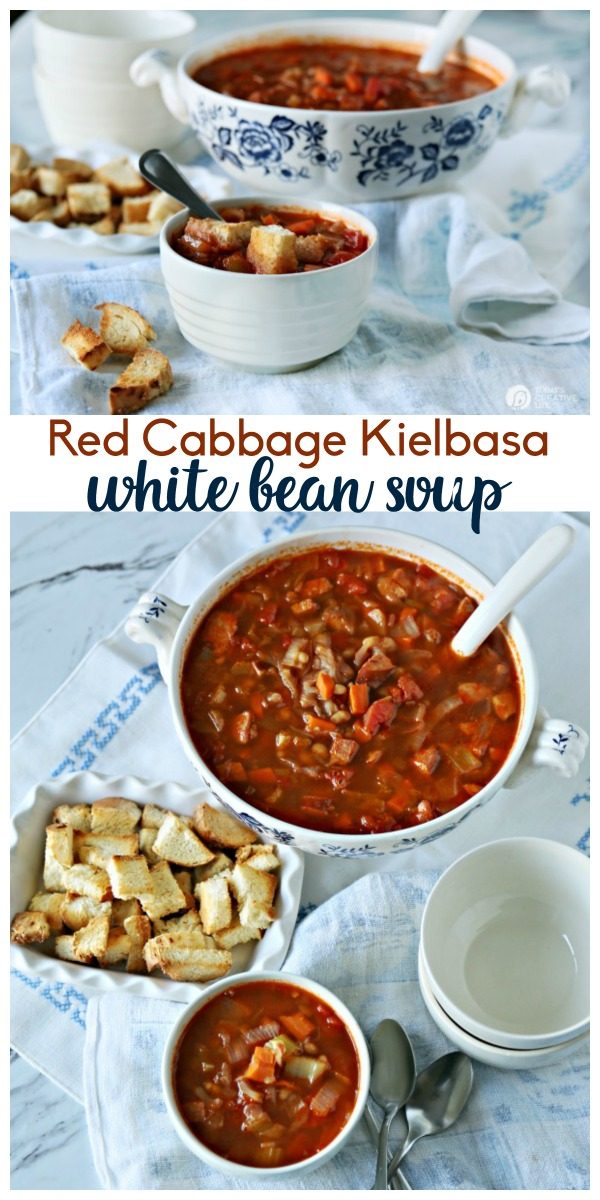 Red Cabbage Kielbasa White Bean Soup | Hearty Soup Recipes for easy dinner ideas. Simple vegetable soup with kielbasa sausage | Click for the recipe on TodaysCreativeLife.com AD #AuntNelliesSweetSourCabbage 