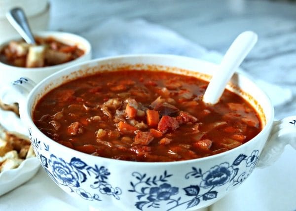 Red Cabbage Kielbasa White Bean Soup | Hearty Soup Recipes for easy dinner ideas. Simple vegetable soup with kielbasa sausage | Click for the recipe on TodaysCreativeLife.com AD #AuntNelliesSweetSourCabbage 