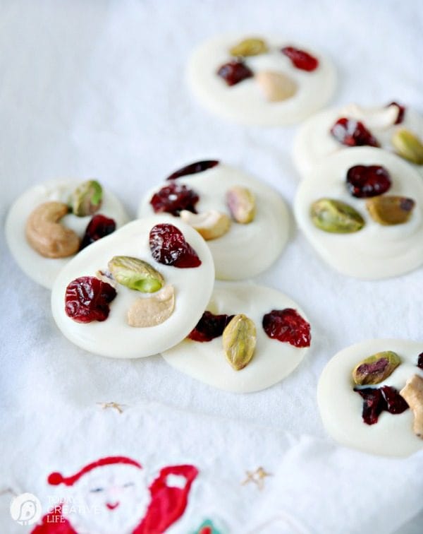 White Chocolate Nutty Fruit Bites | Easy to make candy | Holiday candy making | White Chocolate Bark bites | TodaysCreativeLIfe.com