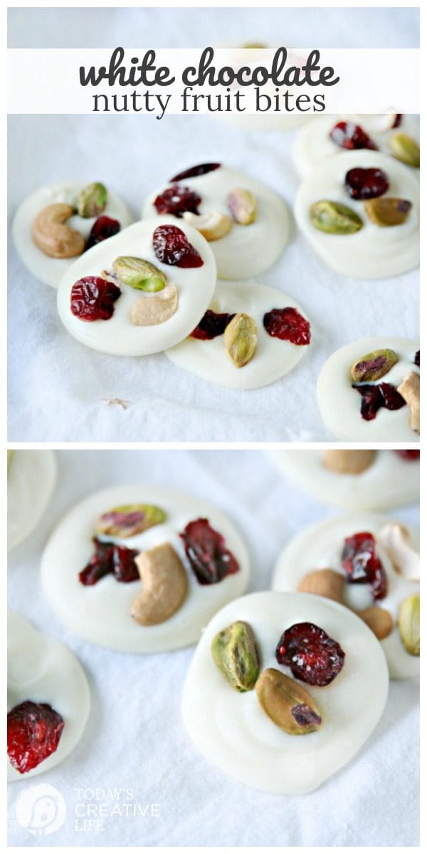 White Chocolate Nutty Fruit Bites - round candy discs with dried fruit and nuts on top. 