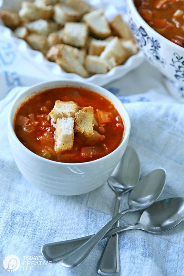 Red Cabbage Kielbasa White Bean Soup | Hearty Soup Recipes for easy dinner ideas. Simple vegetable soup with kielbasa sausage | Click for the recipe on TodaysCreativeLife.com AD #AuntNelliesSweetSourCabbage 