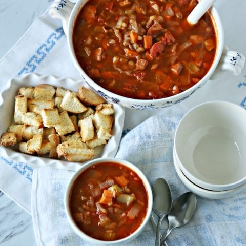 Red Cabbage Kielbasa White Bean Soup | Hearty Soup Recipes for easy dinner ideas. Simple vegetable soup with kielbasa sausage | Click for the recipe on TodaysCreativeLife.com AD #AuntNelliesSweetSourCabbage