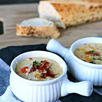 Cheesy German Potato Soup | Cheddar & Gruyere Cheese along with READ German Potato Salad makes the best homemade potato soup! Easy dinner ideas on TodaysCreativeLife.com #ad