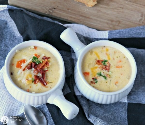 Cheesy German Potato Soup | Cheddar & Gruyere Cheese along with READ German Potato Salad makes the best homemade potato soup! Easy dinner ideas on TodaysCreativeLife.com #ad