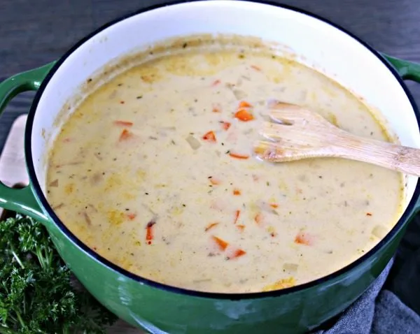 Cheesy German Potato Soup | Cheddar & Gruyere Cheese along with READ German Potato Salad makes the best homemade potato soup! Easy dinner ideas on TodaysCreativeLife.com #ad 