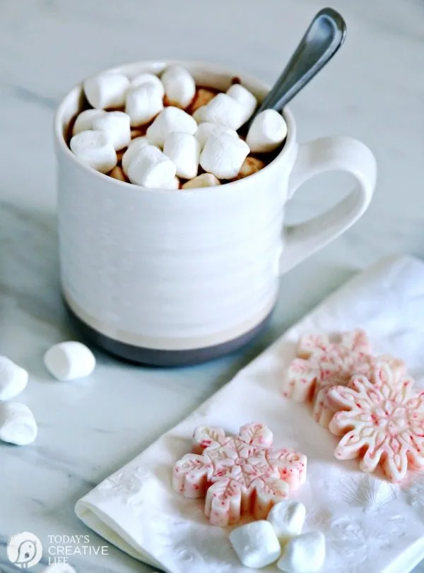 Hot Chocolate Peppermint Melts | Make Peppermint hot cocoa in an instant with these peppermint snowflake cocoa melts. Just stir it in! TodaysCreativeLife.com