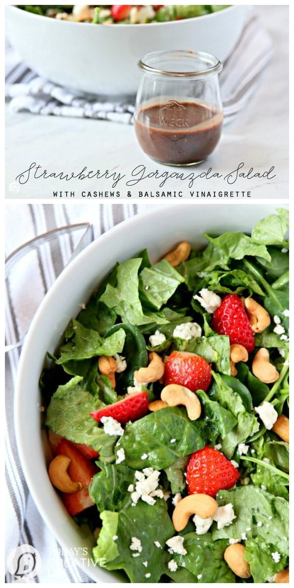 Strawberry Gorgonzola Green Salad with Cashews | Topped with homemade vinaigrette, loaded with spinach, romaine and Flavor! TodaysCreativeLife.com