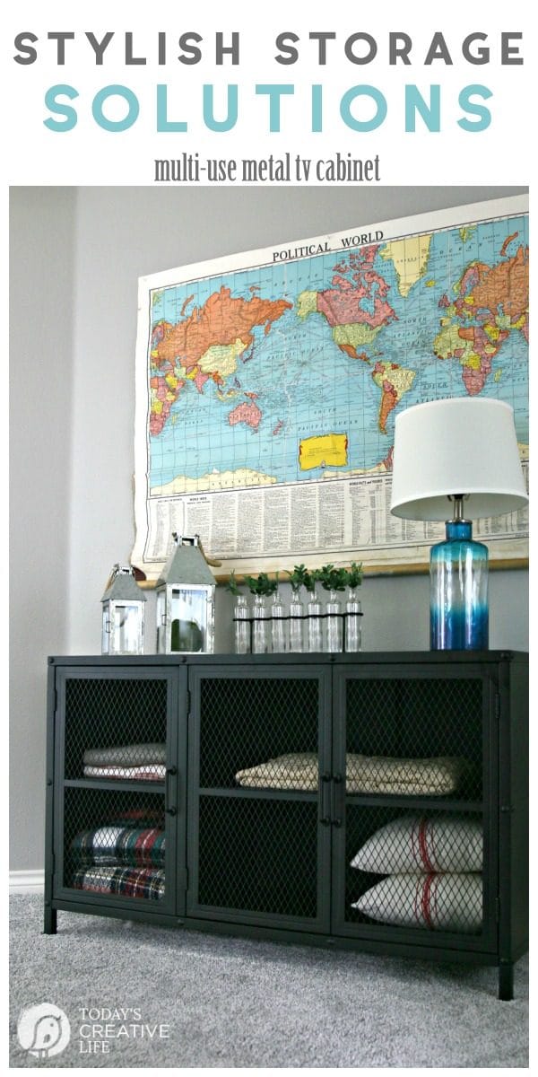 Stylish Storage Solutions | Industrial Metal TV Cabinet doubles as stylish storage | Organize your space | Organized Linen Closet | Create more Storage ideas | TodaysCreativeLIfe.com 